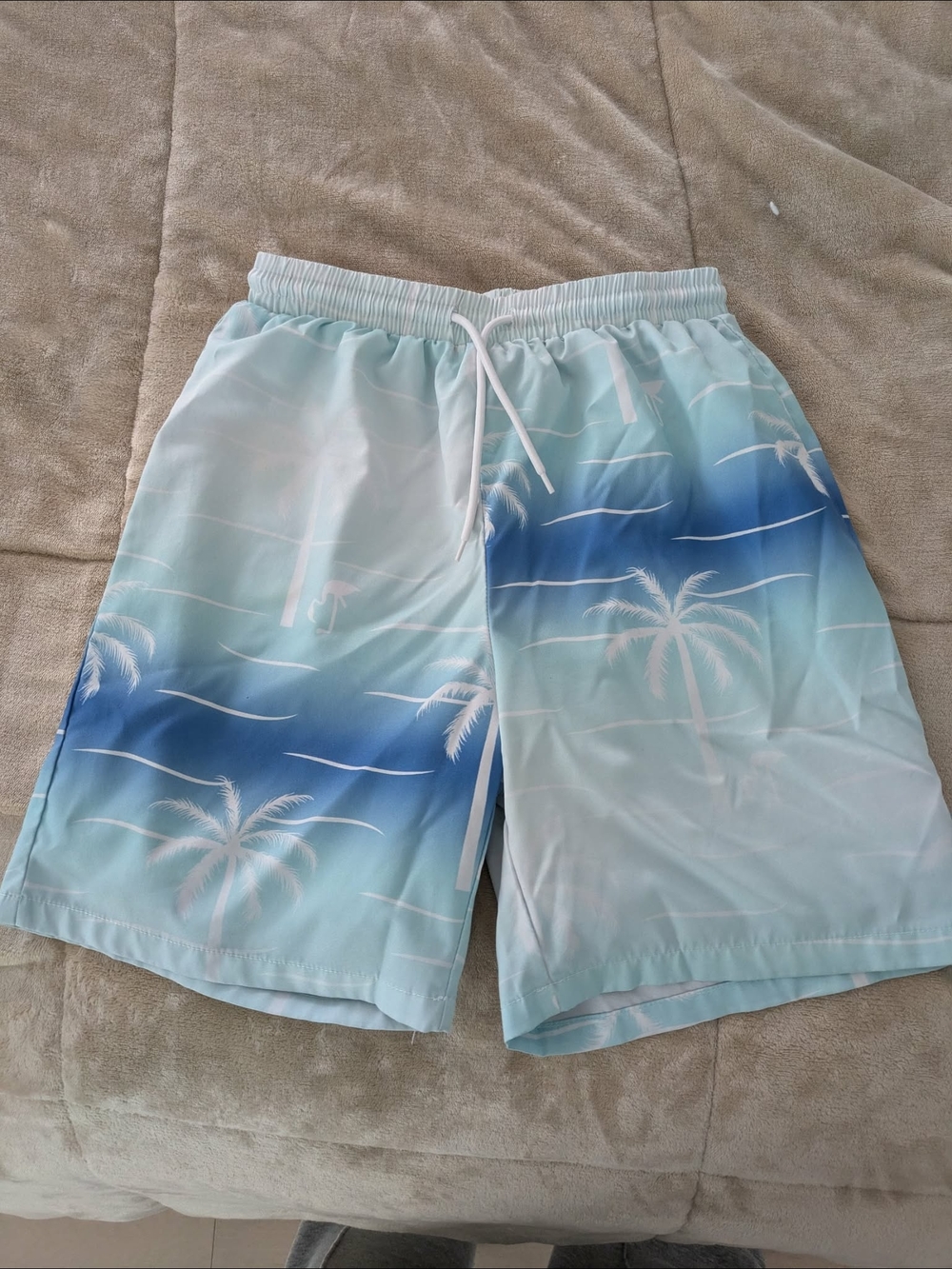 Boys Light Blue Gradient Palm-Print Swim Trunks with Drawstring